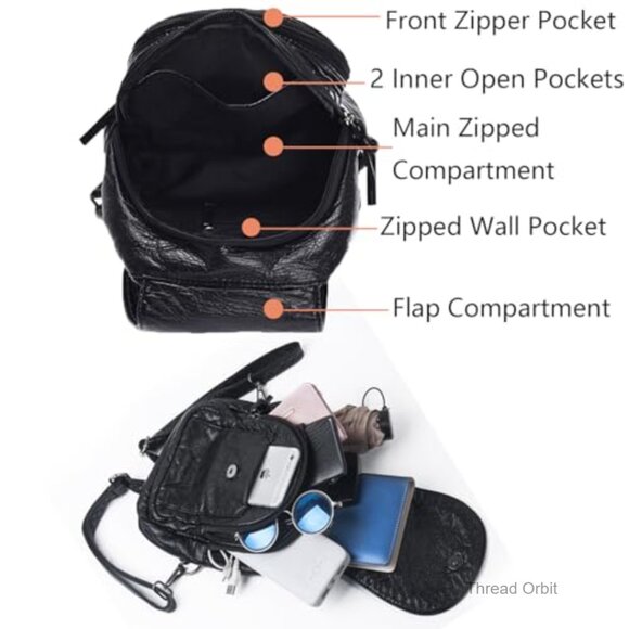 Small Bagpack Mini Backpack PU Leather Shoulder Bag School  Mini Backpack Purse, Waterproof PU Leather, 7 Pockets, Adjustable Strap
